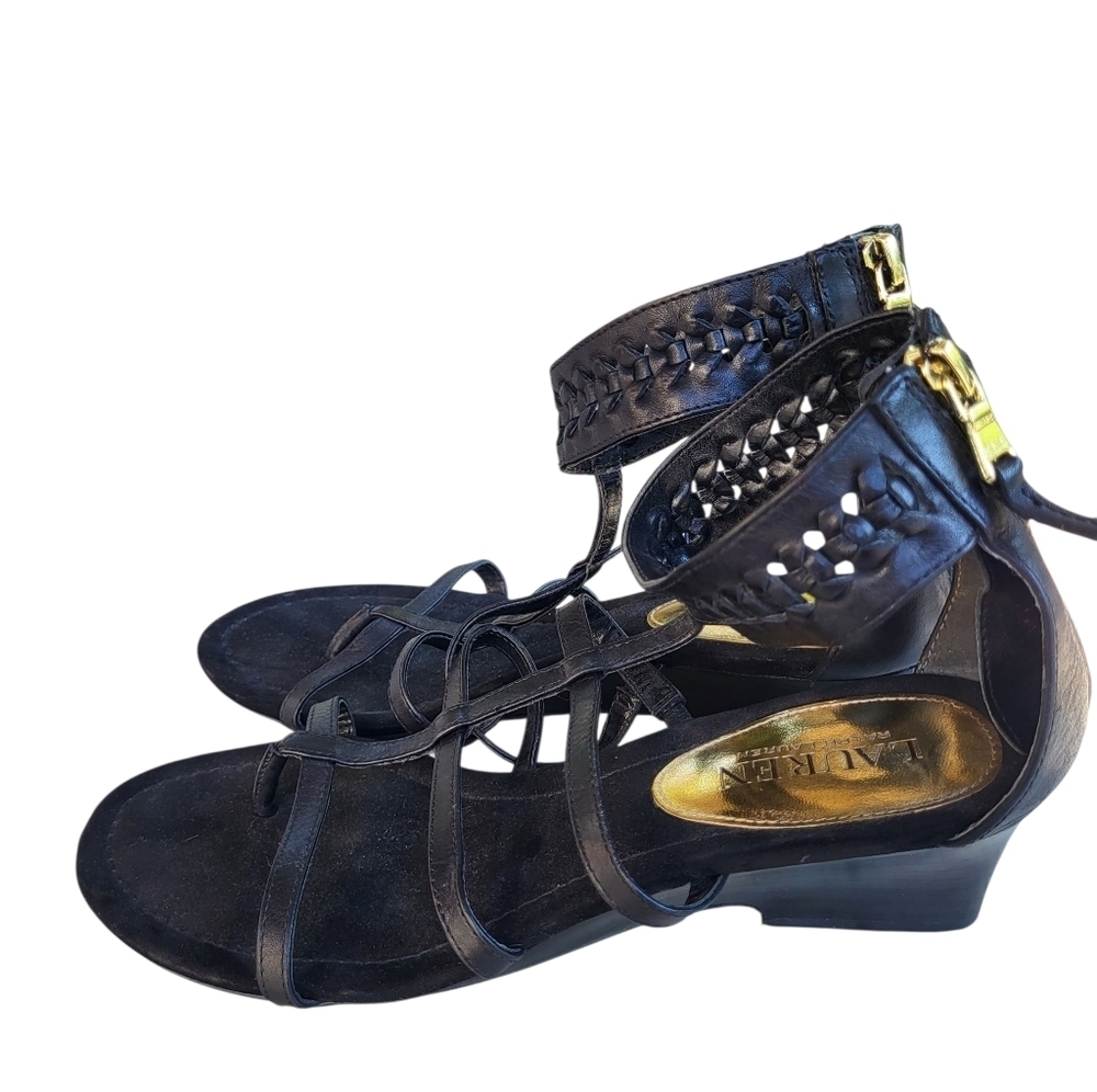 LAUREN Ralph Lauren Women's Meira Wedge Gladiator Sandals Black & GoldSize 8.5 B